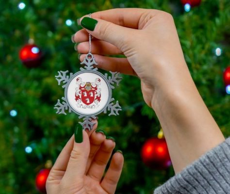 Family Crest Pewter Snowflake Ornament - COADB / Eledge Family Genealogy